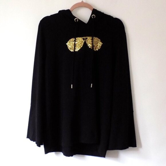 Karl Lagerfeld Paris Sequin Sunglasses Pullover Hoodie Size M Black & Gold - Picture 1 of 5